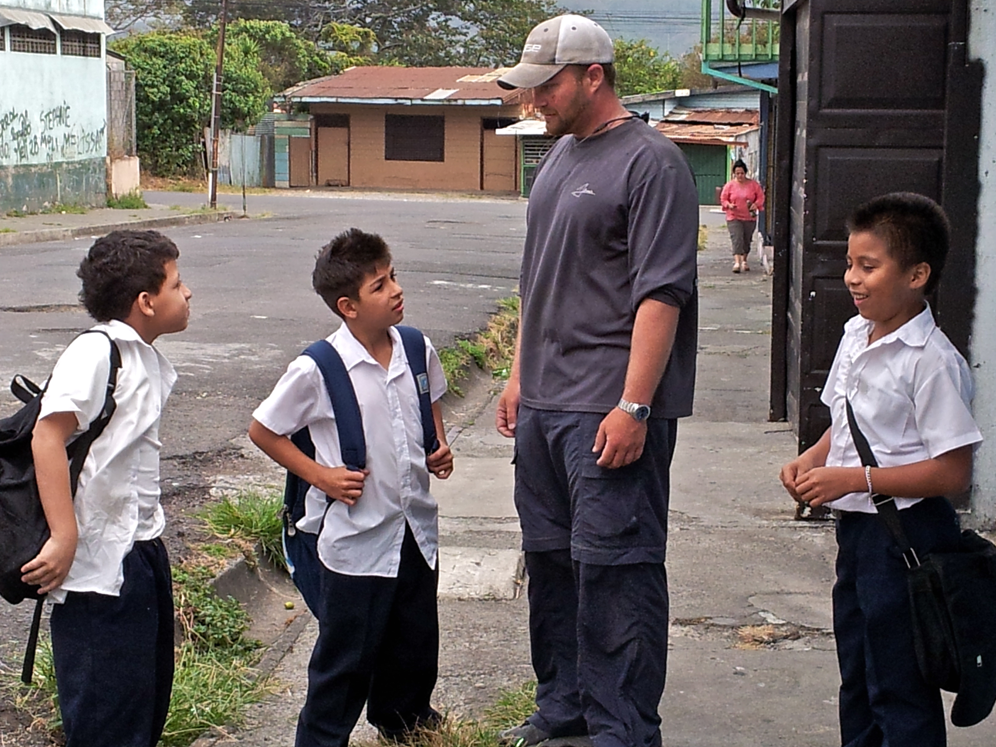 Parker interacting with school kids